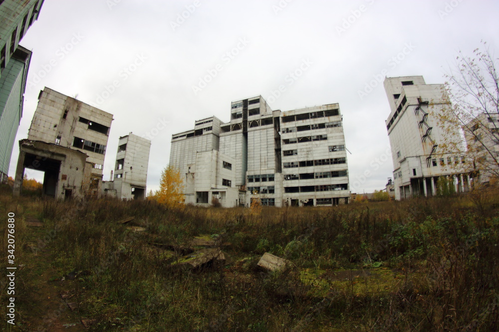 a complex of abandoned industrial buildings in the middle of the forest