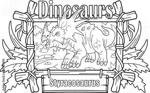 prehistoric horned dinosaur styracosaurus, coloring book, funny illustration