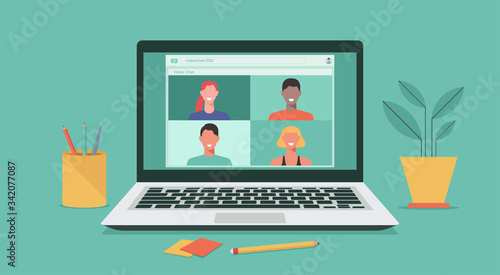 people connecting together, learning or meeting online with teleconference, video conference remote working on laptop, work from home and anywhere and new normal concept, vector flat illustration