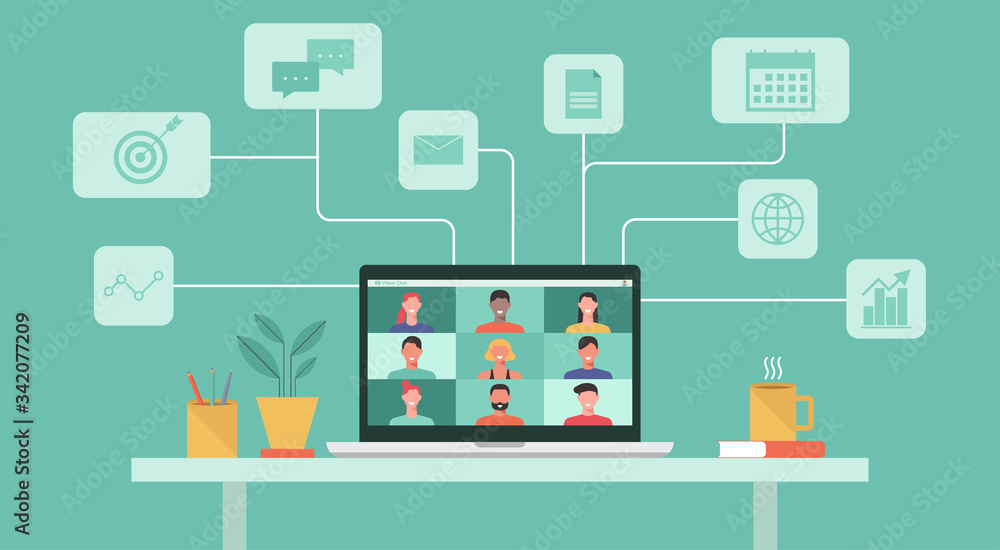 people connecting together, learning or meeting online with teleconference, video conference remote working concept, work from home, work from anywhere and new normal concept, vector flat illustration people connecting together, learning or meeting online with teleconference, video conference remote working concept, work from home, work from anywhere and new normal concept, vector flat illustration