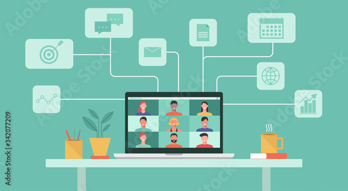 people connecting together, learning or meeting online with teleconference, video conference remote working concept, work from home, work from anywhere and new normal concept, vector flat illustration photo