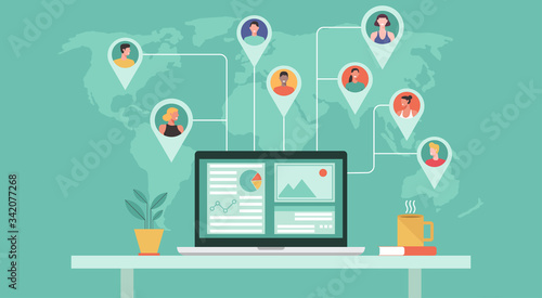 professional people from around the world working together online on laptop computer, remote working, work from home, work from anywhere and new normal concept, vector flat illustration