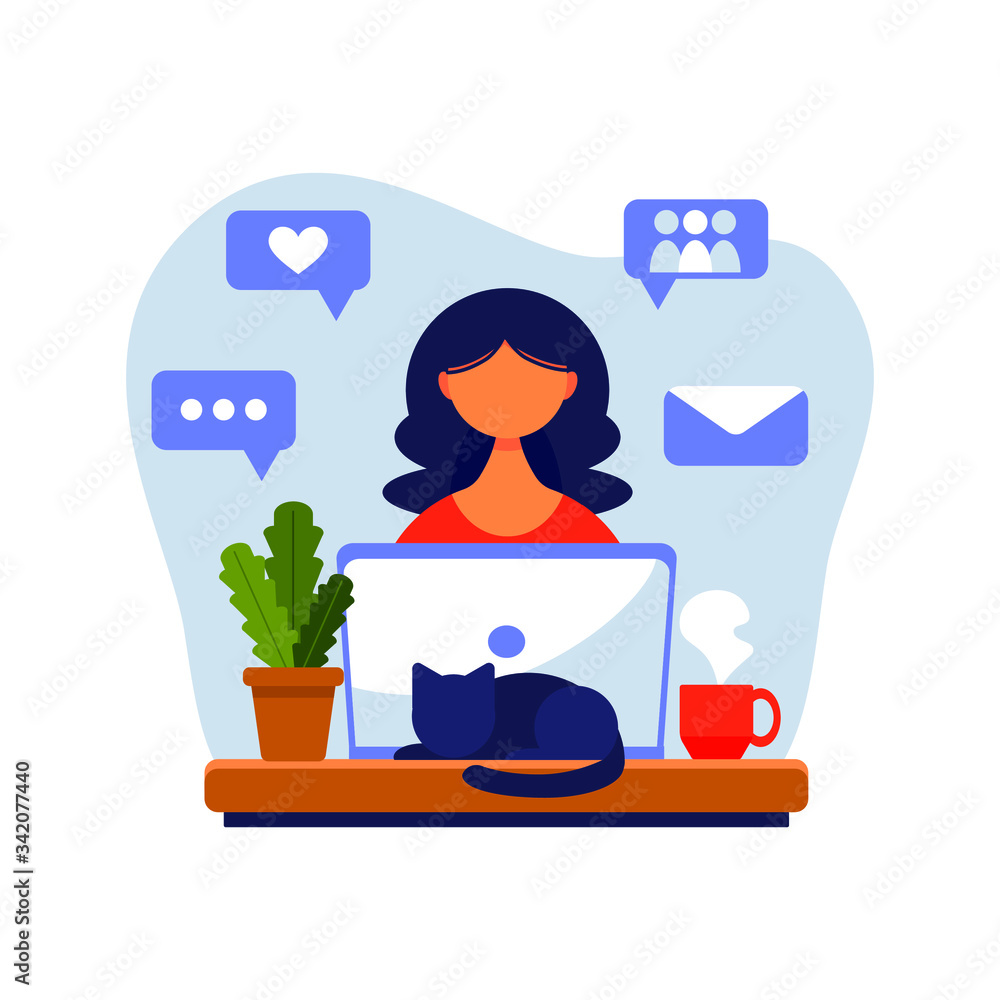 Home office concept, girl with laptop. Woman working from home. Freelance or studying, student or freelancer concept. Vector illustration in flat style. Home office concept, girl with laptop. Woman working from home. Freelance or studying, student or freelancer concept. Vector illustration in flat style.