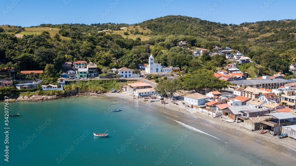 Aerial view of the church and beach of Garopaba, in Santa Catarina, Brazil