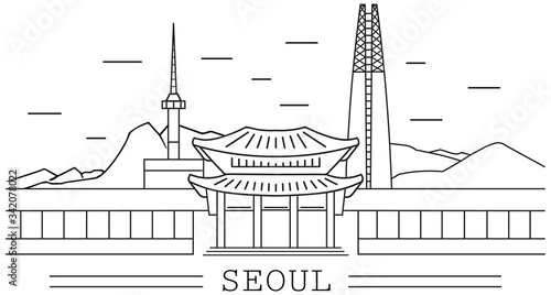 seoul city, line art, lotte tower, namsan tower, sky tower