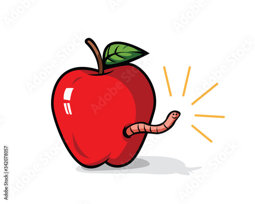 Shiny red apple with a worm coming out of it isolated on white