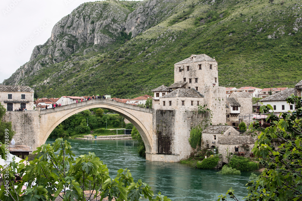 Old Mostar bridge over the Neretva river in Bosnia, Europe