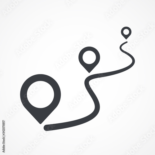 Route location icon, three map pin sign and road or path, start and end journey symbol, black color vector illustration isolated on white background