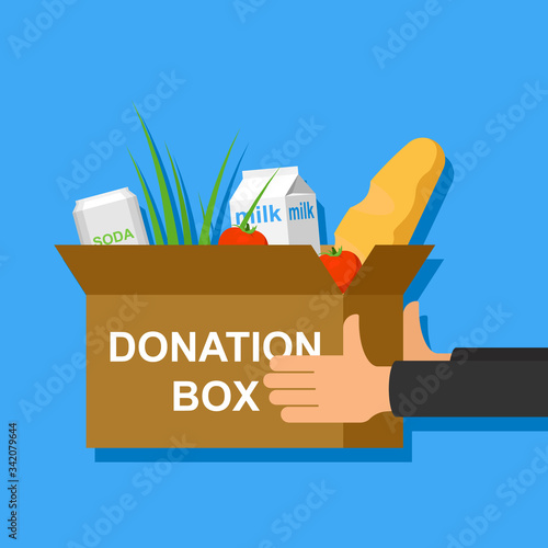 Hands holding donation box with food for senior people during quarantine flat vector illustration.