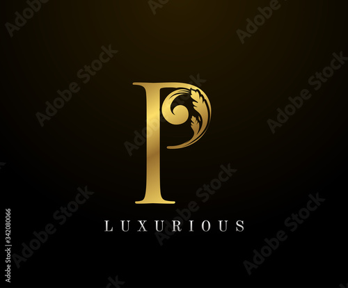 Gold Elegant letter P Logo. Graceful style. Calligraphic beautiful logo. Vintage drawn emblem for book design, brand name, business card, Restaurant, Boutique, Hotel. Vector illustration
