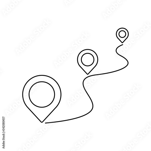 Route location icon, three map pin sign and road or path, start and end journey symbol, black color vector illustration isolated on white background