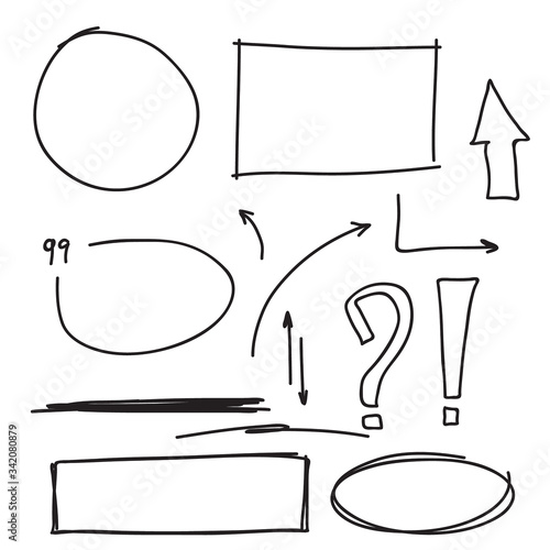 Set hand drawn text box and frames, quotes, question, exclamation mark, arrow, underline felt-tip pen objects. Vector illustration.