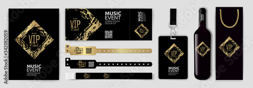 Set with design templates for VIP invitation, access bracelets, lanyard, ticket, wine bottle and wine packaging. Golden and black marble texture background, luxurious style.