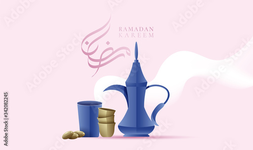 Ramadan kareem calligraphy with arabic kettle and tea cup and fruit dates