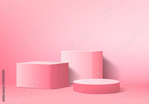 Pink pastel product Podium on background. Abstract minimal geometry concept. Studio stand platform theme. Exhibition and business marketing presentation stage. 3D illustration rendering graphic design © M.AKA