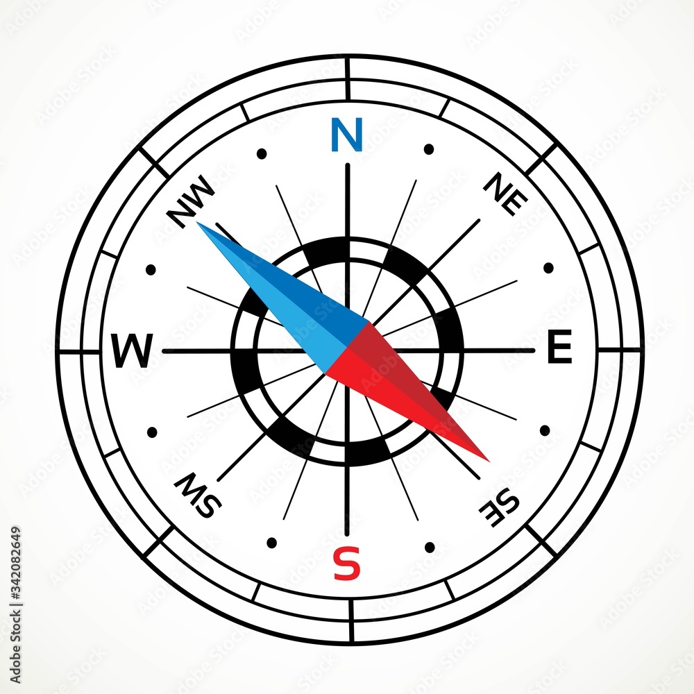 Compass scale with blue-red direction arrow on a white background Compass scale with blue-red direction arrow on a white background