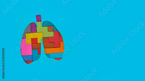 Lung health therapy medical concept . lungs lightweight silhouette of wooden puzzles and a stethoscope on a green background. concept of respiratory disease, pneumonia, tuberculosis, bronchitis photo