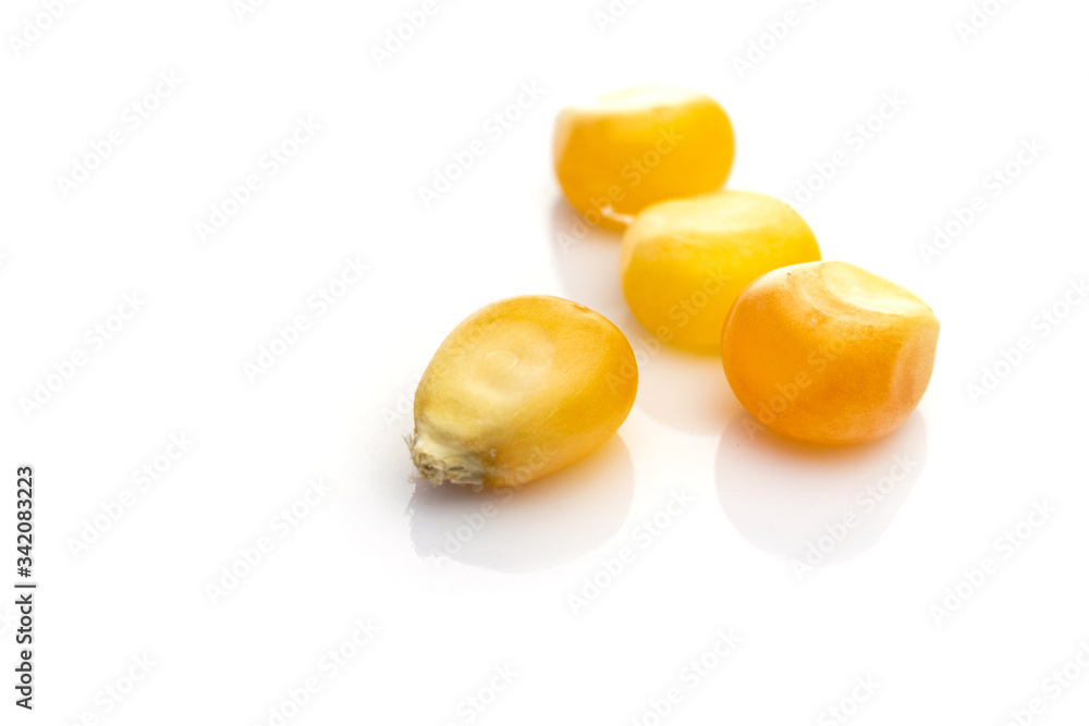 Raw Corn Seeds or Corn kernels isolated on white. Yellow Sweet grain popcorn - agriculture background. Detailed macro photo.
