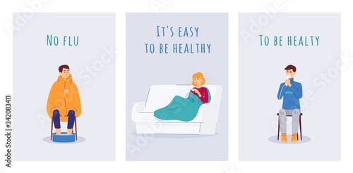 Set banners for explanation of flu treatment methods, flat vector illustration.
