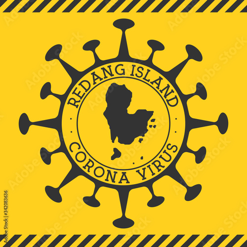 Coronavirus in Redang Island sign. Round badge with shape of virus and Redang Island map. Yellow island epidemic lockdown stamp. Vector illustration.