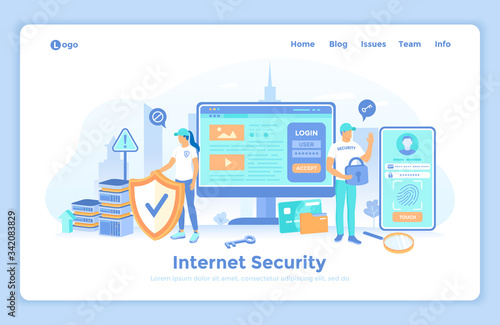 Internet Security. Protecting Personal Confidential Data. Password protection, touch id, face id. Security company with shield and lock.landing web page design template decorated with people character