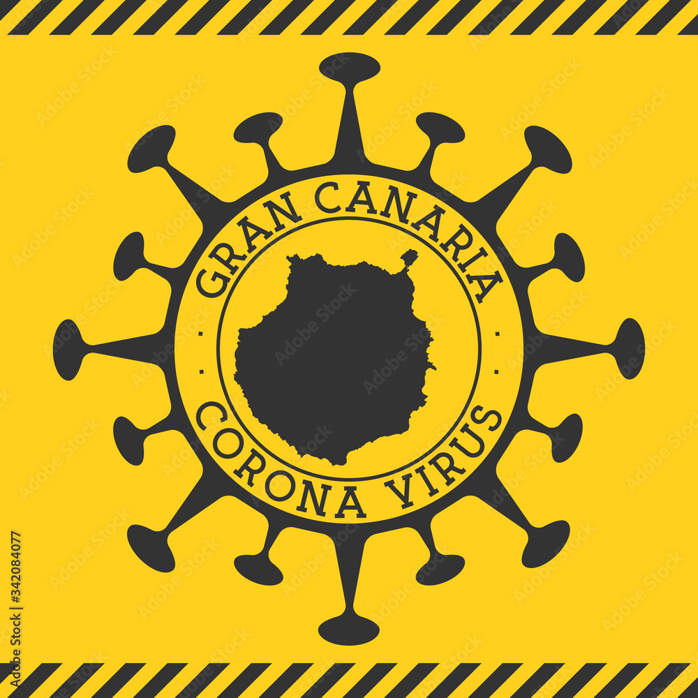 Corona virus in Gran Canaria sign. Round badge with shape of virus and Gran Canaria map. Yellow island epidemy lock down stamp. Vector illustration.