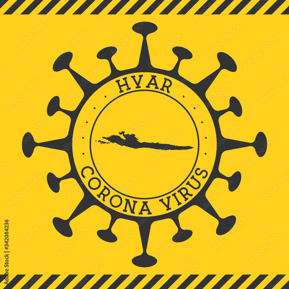 Corona virus in Hvar sign. Round badge with shape of virus and Hvar map. Yellow island epidemy lock down stamp. Vector illustration.