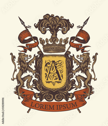 Vector heraldic Coat of arms in vintage style with lions, shield, knightly spears, crown, ribbon and Capital letter A. A medieval heraldry, emblem, sign, symbol. Hand-drawn illustration.