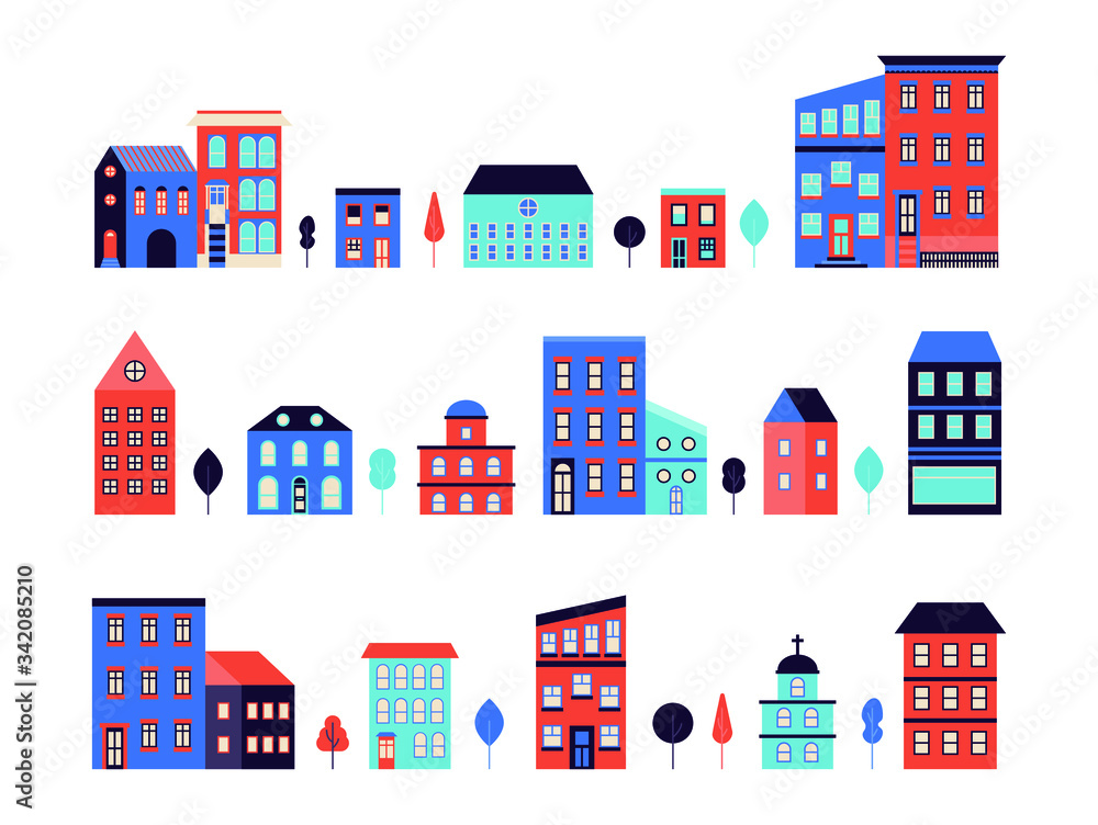 Vector set of town buildings in geometric flat style. City landscape elements buildings and trees. City constructor for background, header images for websites, banners, covers Vector set of town buildings in geometric flat style. City landscape elements buildings and trees. City constructor for background, header images for websites, banners, covers