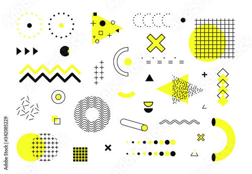 Abstract geometric colored background. Modern geometric design elements in memphis style for textile, banners, poster, covers, cards, template design, ad. Vector illustration
