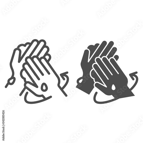 Proper hand washing instruction line and solid icon. Personal hygiene in covid-19 pandemic symbol, outline style pictogram on white background. Wash hands both sides with soap properly vector sign.