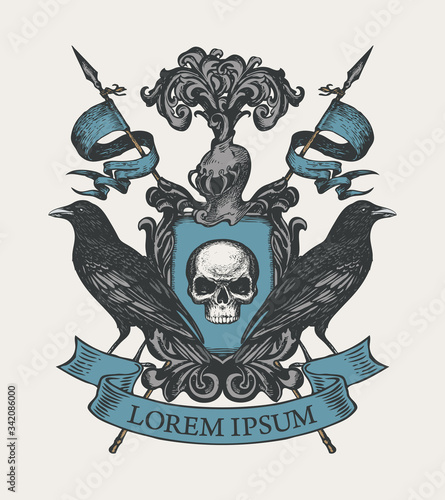 Vector heraldic Coat of arms with ravens, spears, ribbon, knightly helmet and shield with human skull. Medieval heraldry, emblem, sign, symbol in vintage style. Hand-drawn illustration