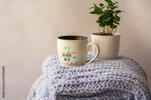 Wallpaper Mural Background of blue knitted plaid and pillows in cosy house with flower in pot and books, mug of tea, a garland. Home place work. Torontodigital.ca