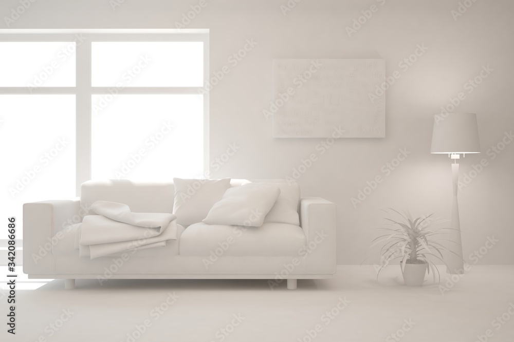 White living room with sofa and summer landscape in window. Scandinavian interior design. 3D illustration White living room with sofa and summer landscape in window. Scandinavian interior design. 3D illustration