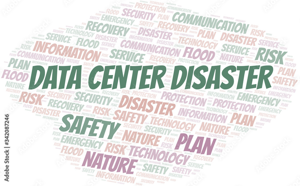 Data Center Disaster typography vector word cloud. Data Center Disaster typography vector word cloud.