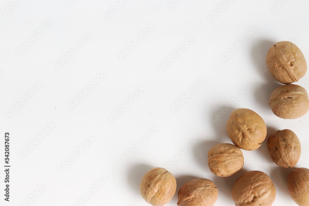 A white background on which walnuts are located A white background on which walnuts are located