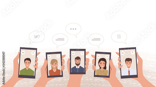 Group of business workers video calling by smartphone in hand during corona virus pandemic quarantine in flat icon design