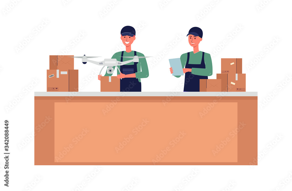 Service packaging goods for drone delivery, flat vector illustration isolated. Service packaging goods for drone delivery, flat vector illustration isolated.