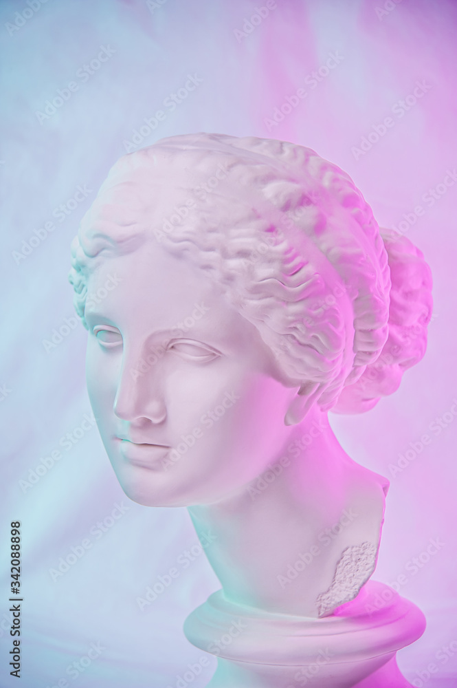 Statue of Venus de Milo. Creative concept colorful neon image with ancient greek sculpture Venus or Aphrodite head. Webpunk, vaporwave and surreal art style. Pink and blue duotone effects.