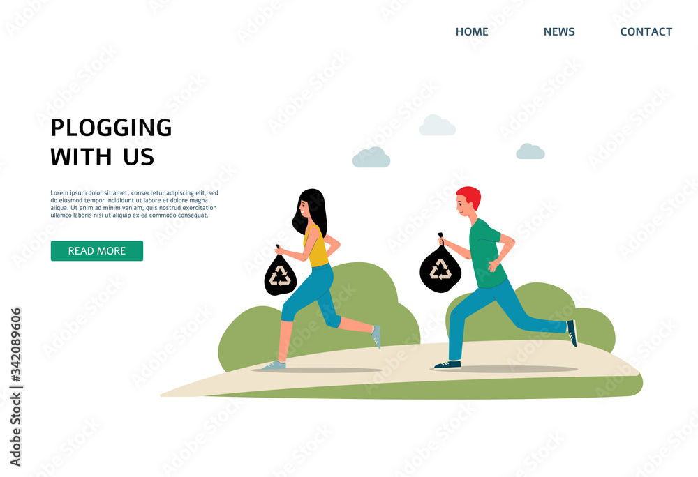 Plogging banner template - cartoon runners jogging and picking up litter Plogging banner template - cartoon runners jogging and picking up litter
