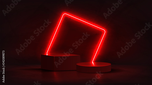Abstract neon banner with pedestal. 3d podium with red neon square. Abstract background for promotion goods. Vector illustration with blank space. Minimal concept banner. Mockup template.