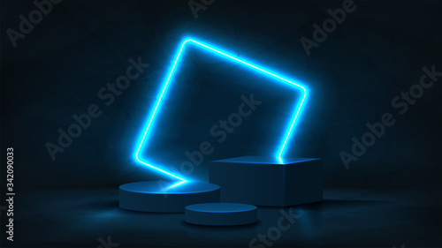 Abstract neon banner with pedestal. 3d podium with blue neon square. Abstract background for promotion goods. Vector illustration with blank space. Minimal concept banner. Mockup template.