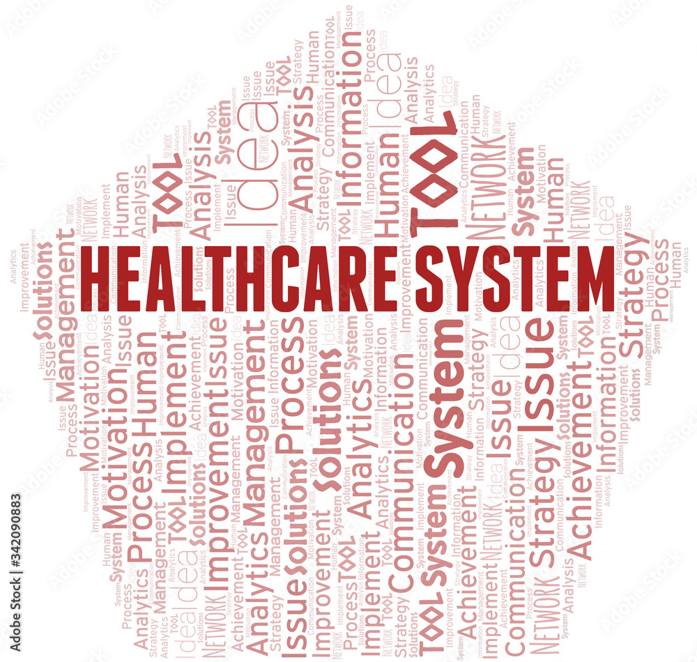 Healthcare System typography vector word cloud.