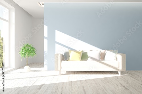 White living room with sofa. Scandinavian interior design. 3D illustration