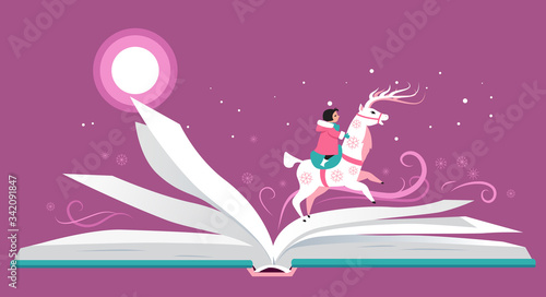 Open book with a character riding a reindeer across it's pages,  EPS 8 vector illustration