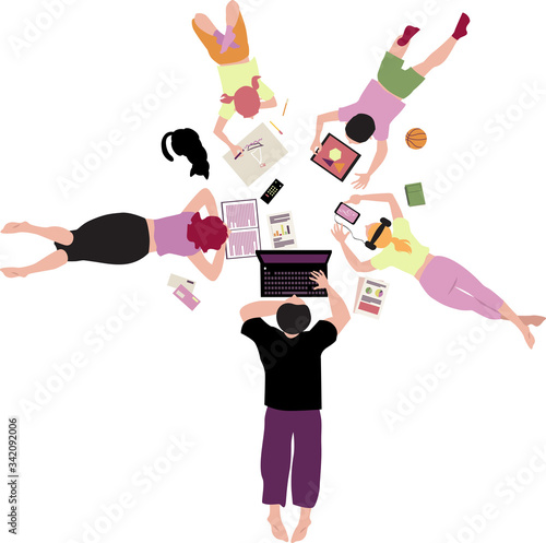 Family laying on the floor, spending time together, doing different activities, using gadgets,  reading and drawing,  view from top, EPS 8 vector illustration