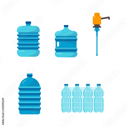 Water delivery container set - blue plastic cooler bottles and yellow pump