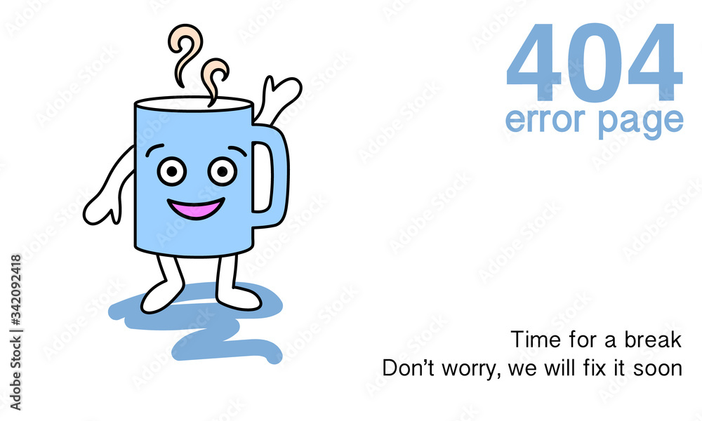 404 error page with coffee cup character for website 404 error page with coffee cup character for website