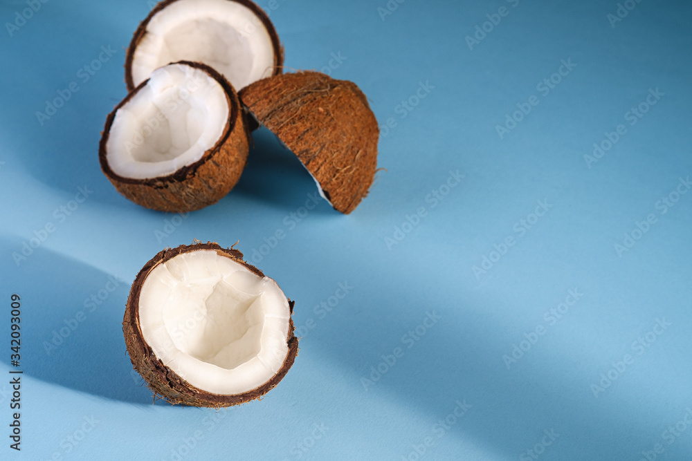 Coconut fruits on blue vibrant plain background, abstract food tropical concept, angle view copy space