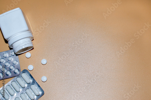 Pills for medical treatment of a dangerous disease, banner with free space for text top view